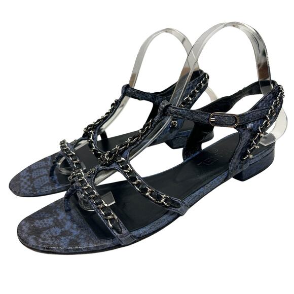 Chanel SS 2014 Blue Snakeskin Thong Chain Detail Buckle Sandal - Picture 1 of 9